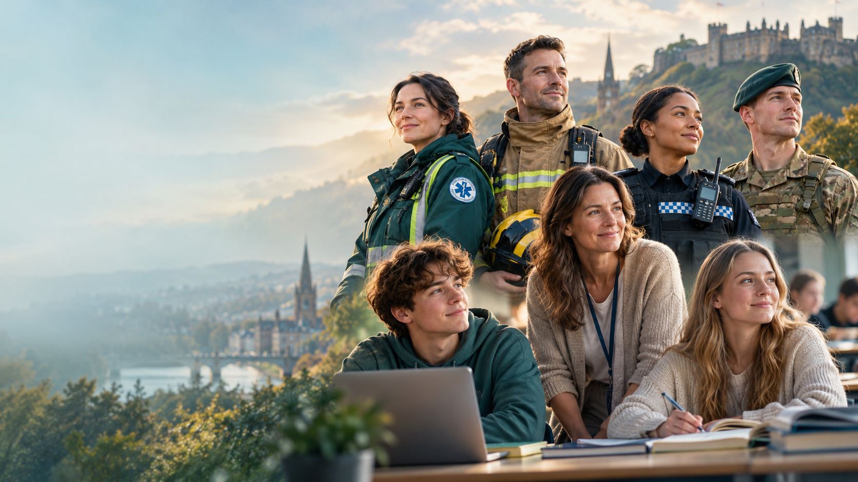 Montage celebrating ambulance staff, firefighters, police, armed forces, a teacher and young learners in a sunlit British setting