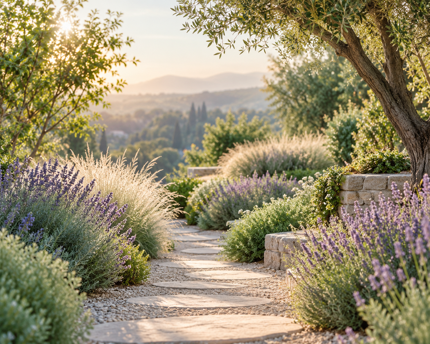 Sunlit stone garden path bordered by lavender and ornamental grasses